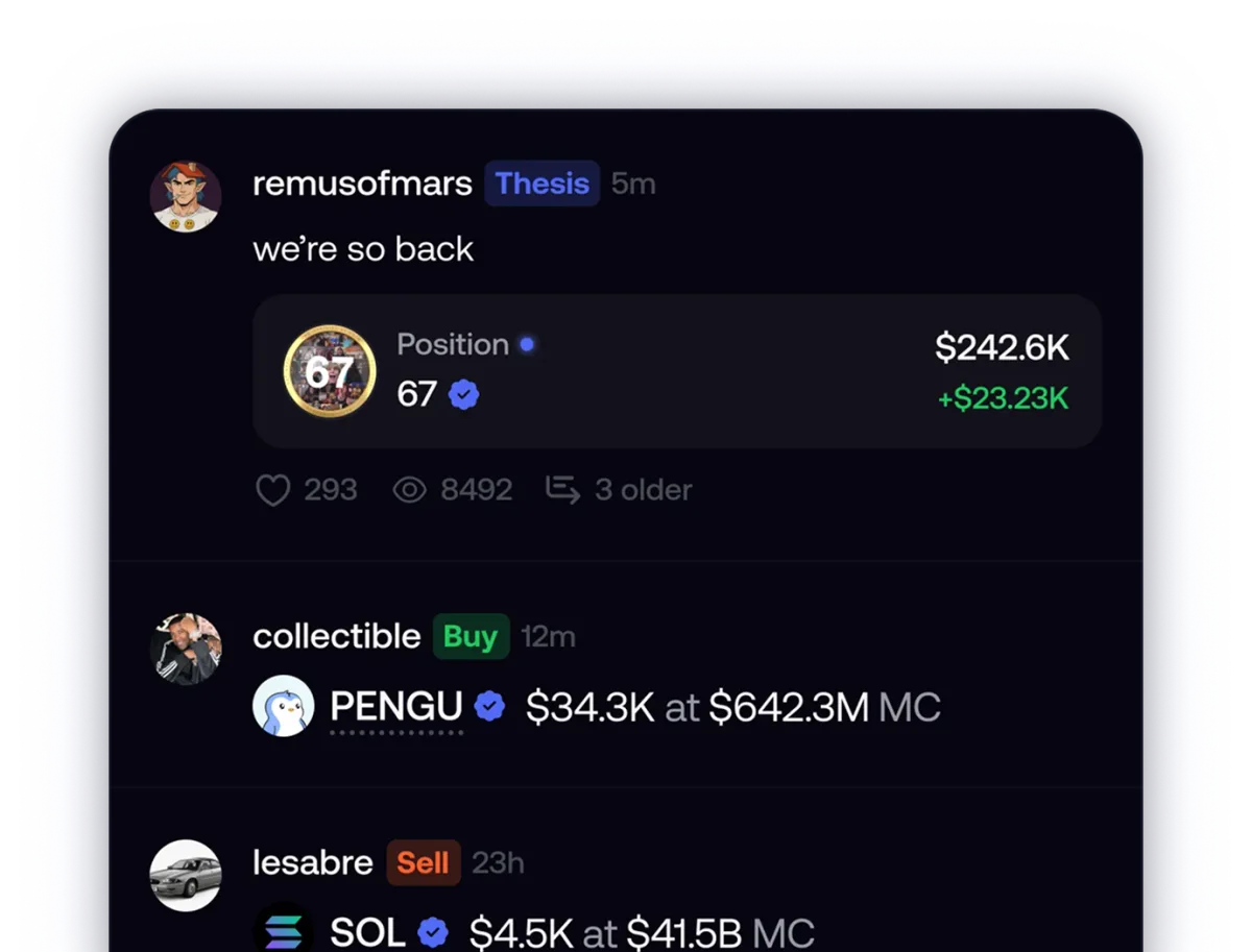 fomo's social feed, showing other traders' positions in the timeline you buy from