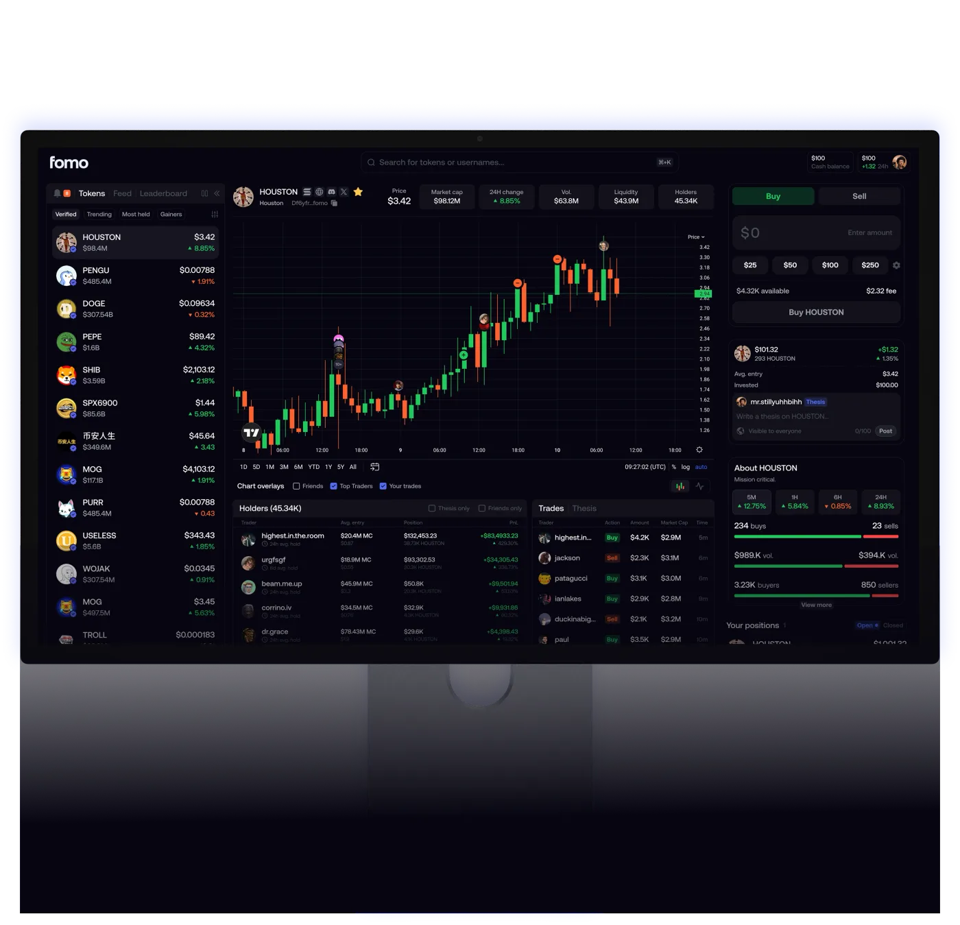 fomo's spot trading interface, showing the buy panel and fee display